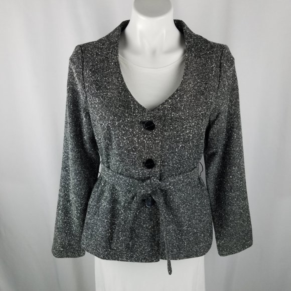 Sandro Sportswear jacket black/white speckled‎ button front with tie belt…
